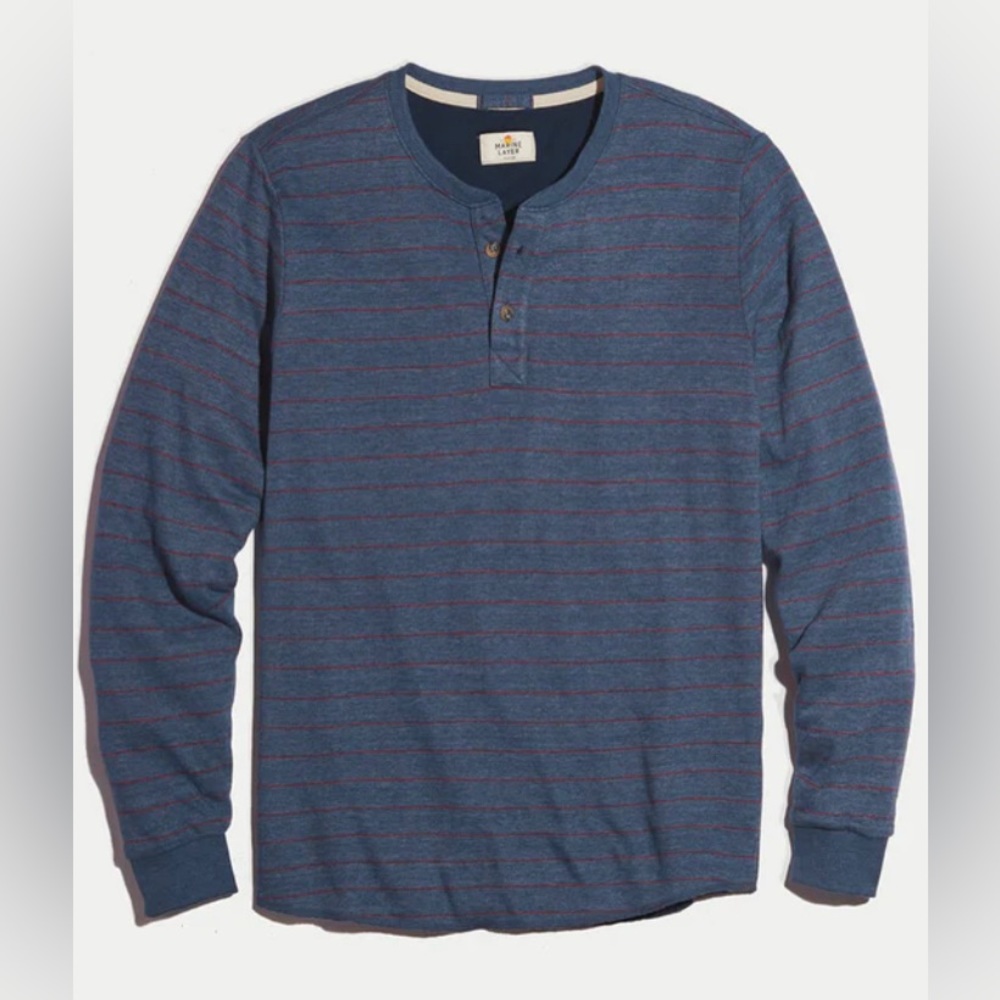 Double Knit Henley in Navy/Red Stripe